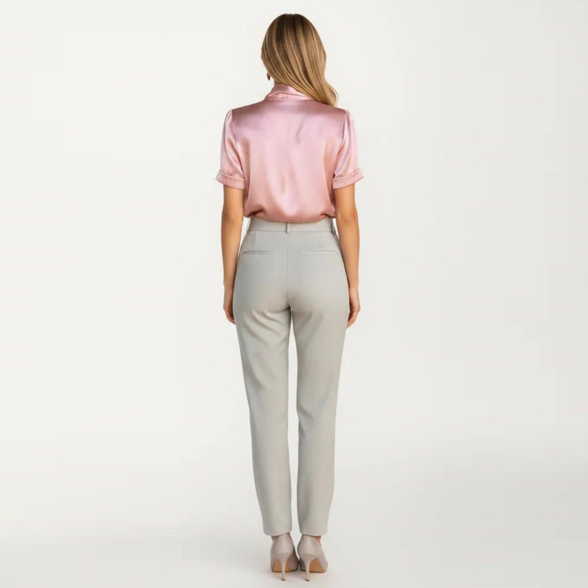 Anna-Kaci Women's Satin Bow Neck Blouse with Short Sleeves and Smooth Draped Finish