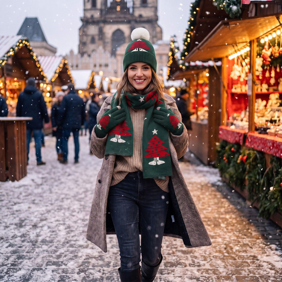 3 Piece Christmas Tree Beanie Scarf and Touchscreen Gloves Set