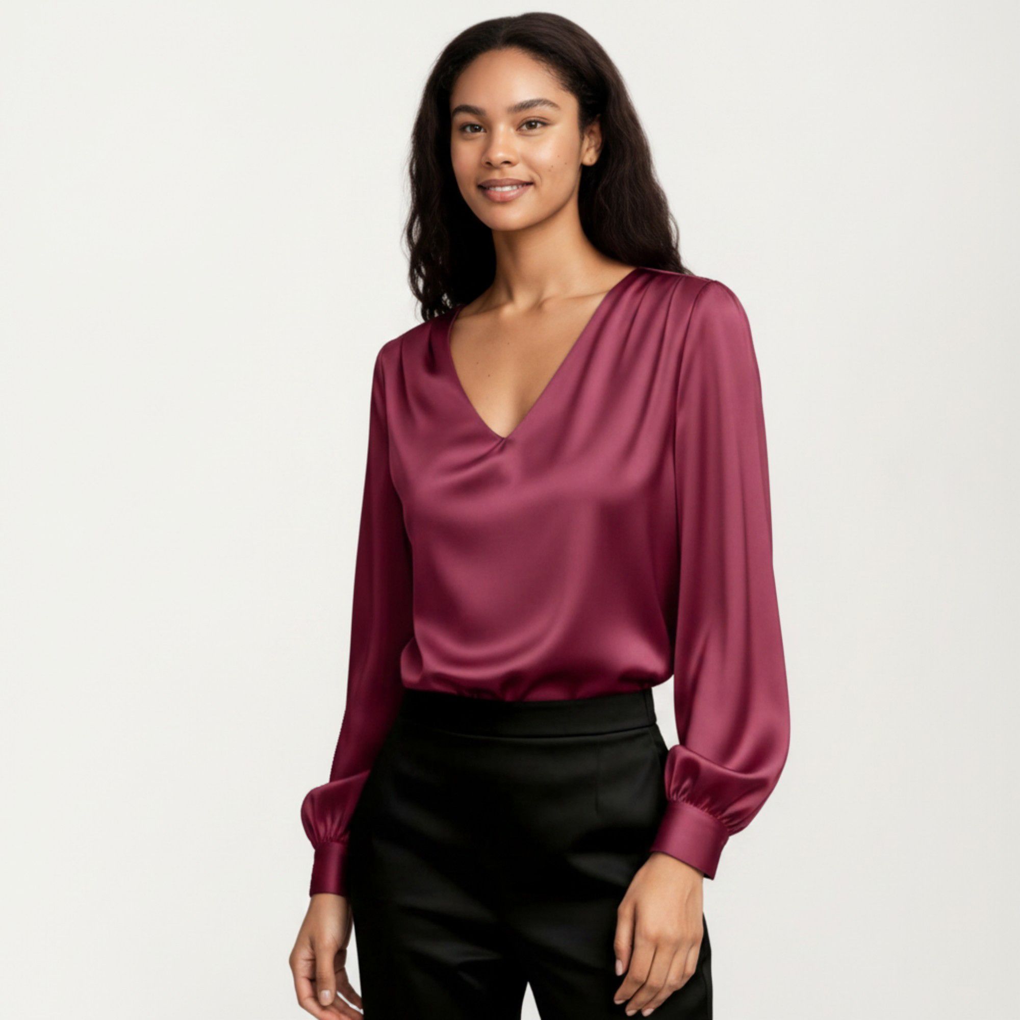 Anna-Kaci Women's Satin V-Neck Blouse with Long Balloon Sleeves and Wide Cuffs
