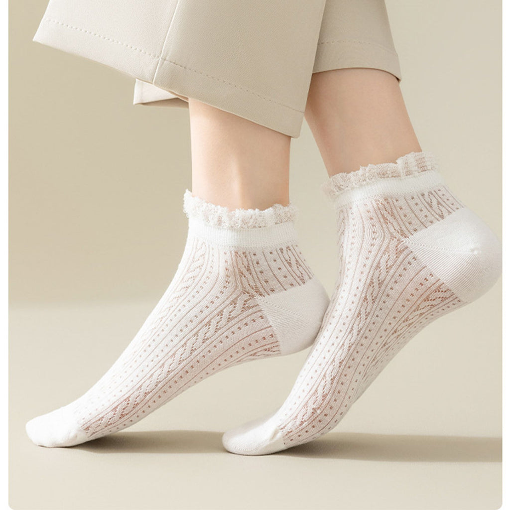 Anna-Kaci Women's 4-Pair Pack Breathable Lace Trim Ankle Socks with Open Knit Mesh Texture and Cotton Comfort