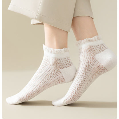 Anna-Kaci Women's 4-Pair Pack Breathable Lace Trim Ankle Socks with Open Knit Mesh Texture and Cotton Comfort