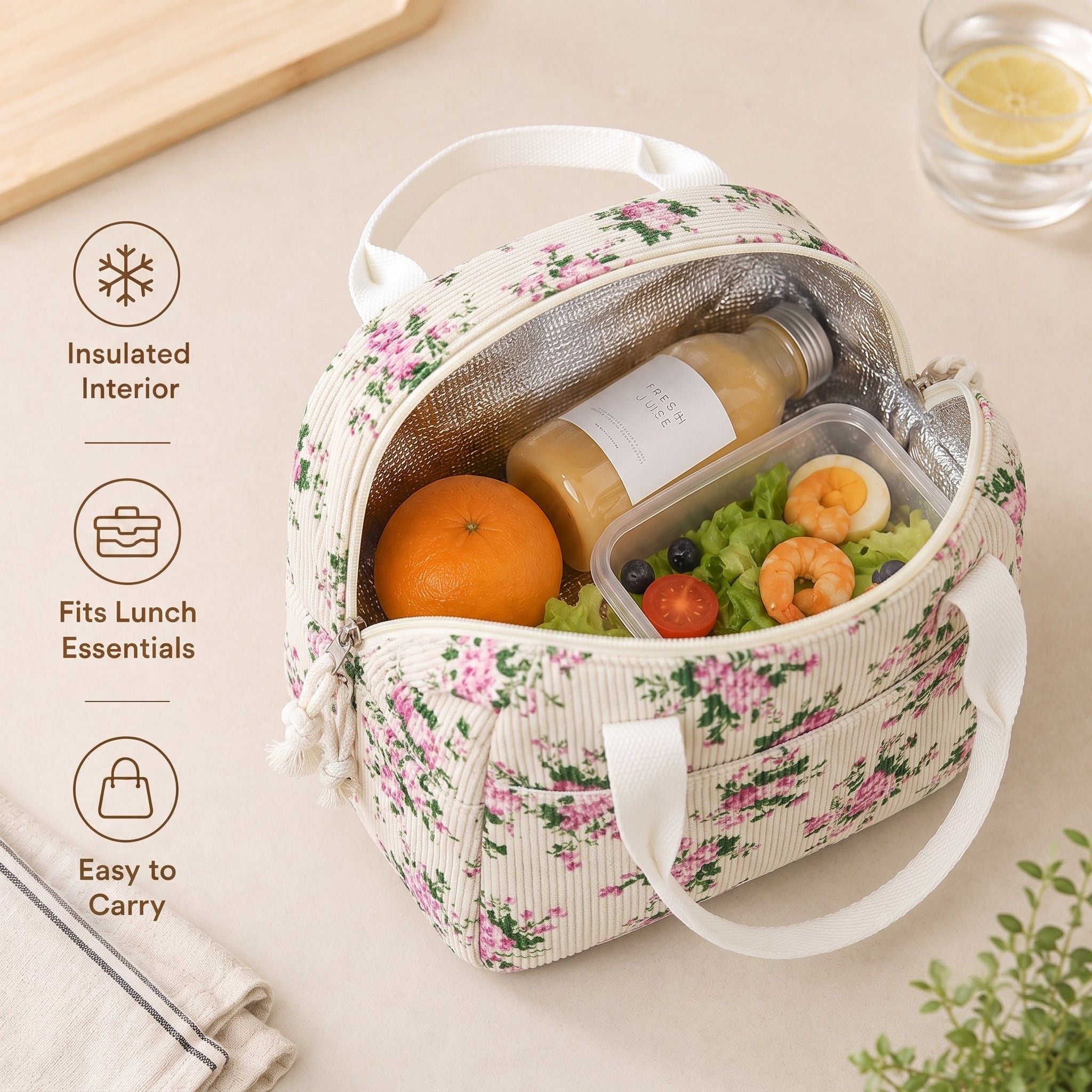 Printed Insulated Lunch Tote Bag with Double Handles and Zip Closure