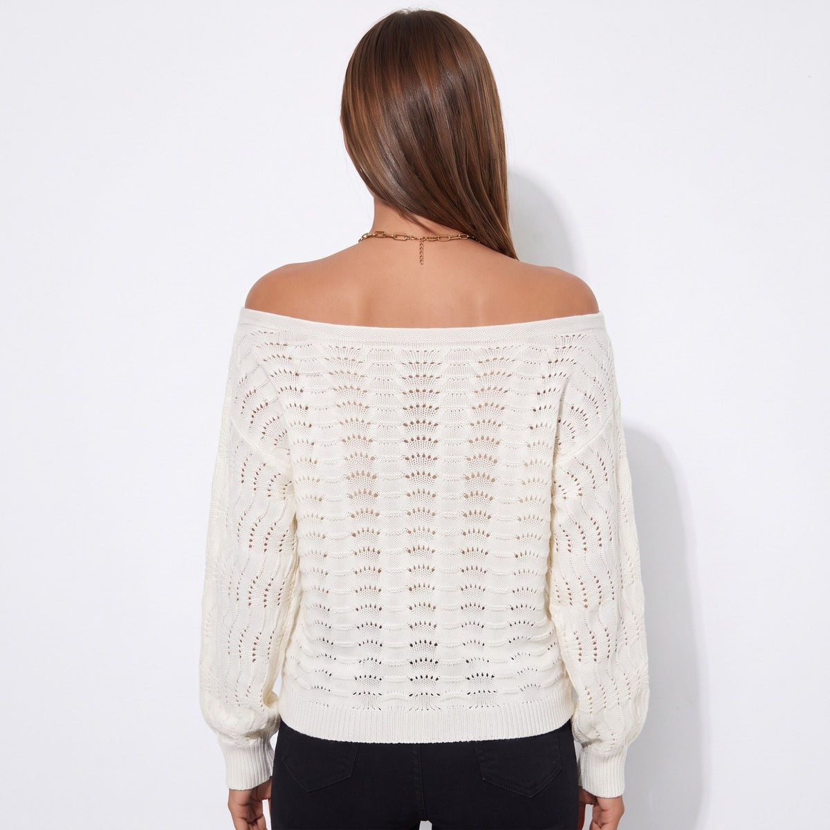 Off Shoulder Pointelle Knit Sweater