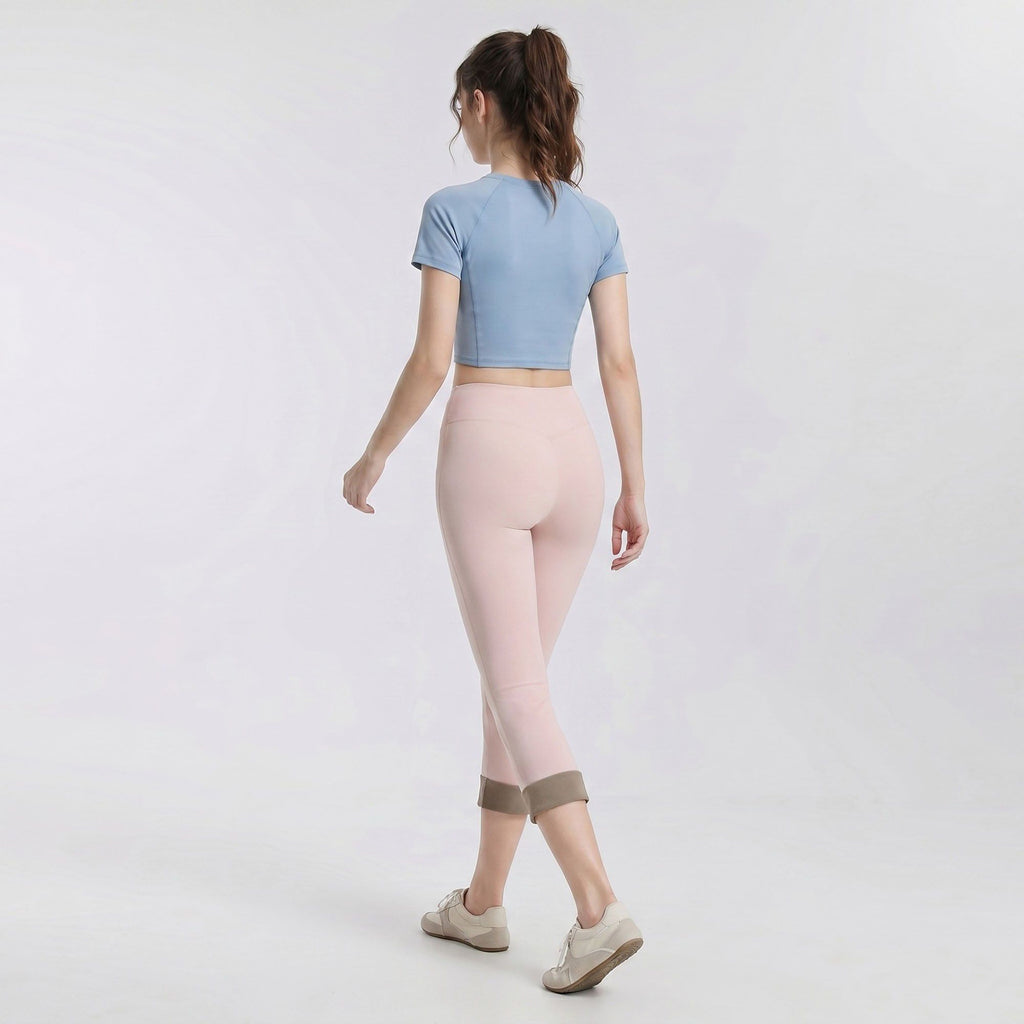High Waist Capri Leggings with Folded Cuff Hem Wide Waistband Smooth Stretch Yoga Pants