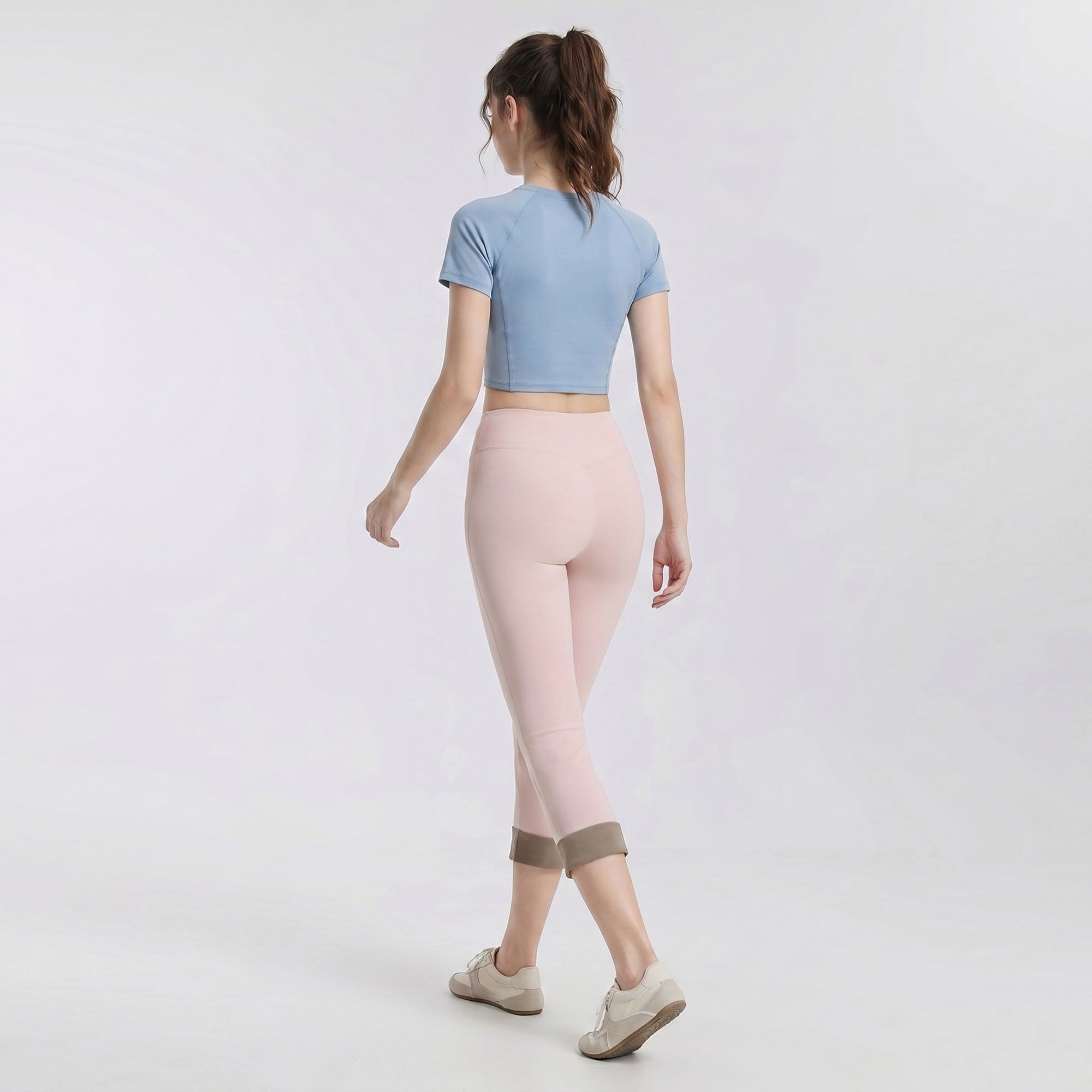 High Waist Capri Leggings with Folded Cuff Hem Wide Waistband Smooth Stretch Yoga Pants