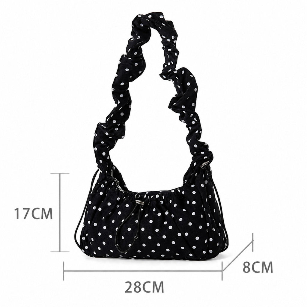 Polka Dot Cloud Shoulder Bag Ruched Drawstring Underarm Purse Sweet Ruffled Hobo Handbag