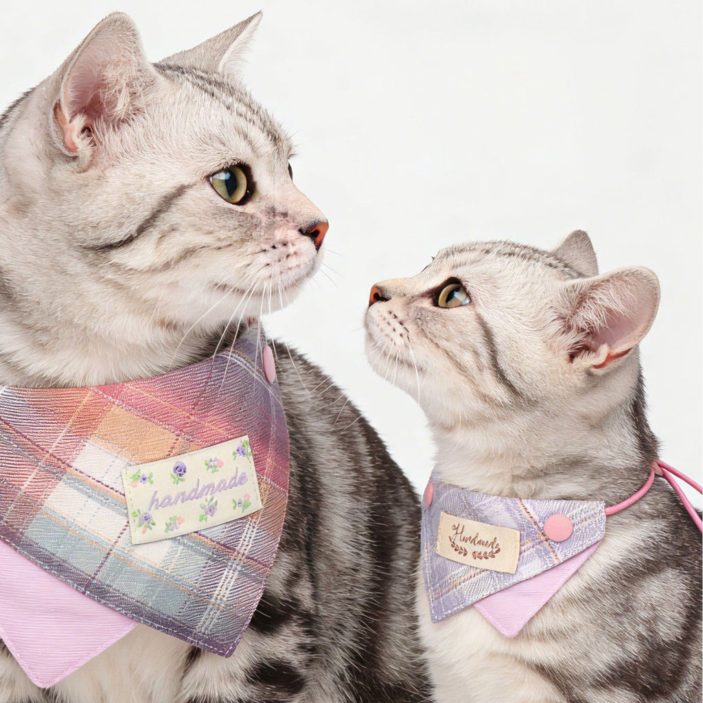 Pet Bandana Collar Soft Adjustable Plaid Scarf with Button Closure and Decorative Patch Design