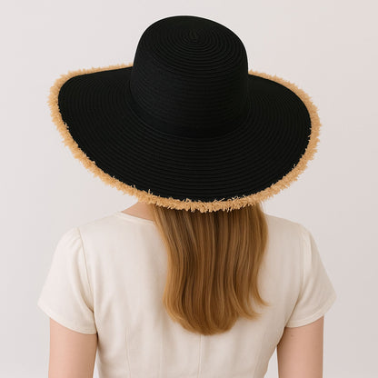 Anna-Kaci Wide Brim Straw Floppy Hat with Frayed Edges Lightweight Sun Protection for Beach Vacation Outdoor Travel Style