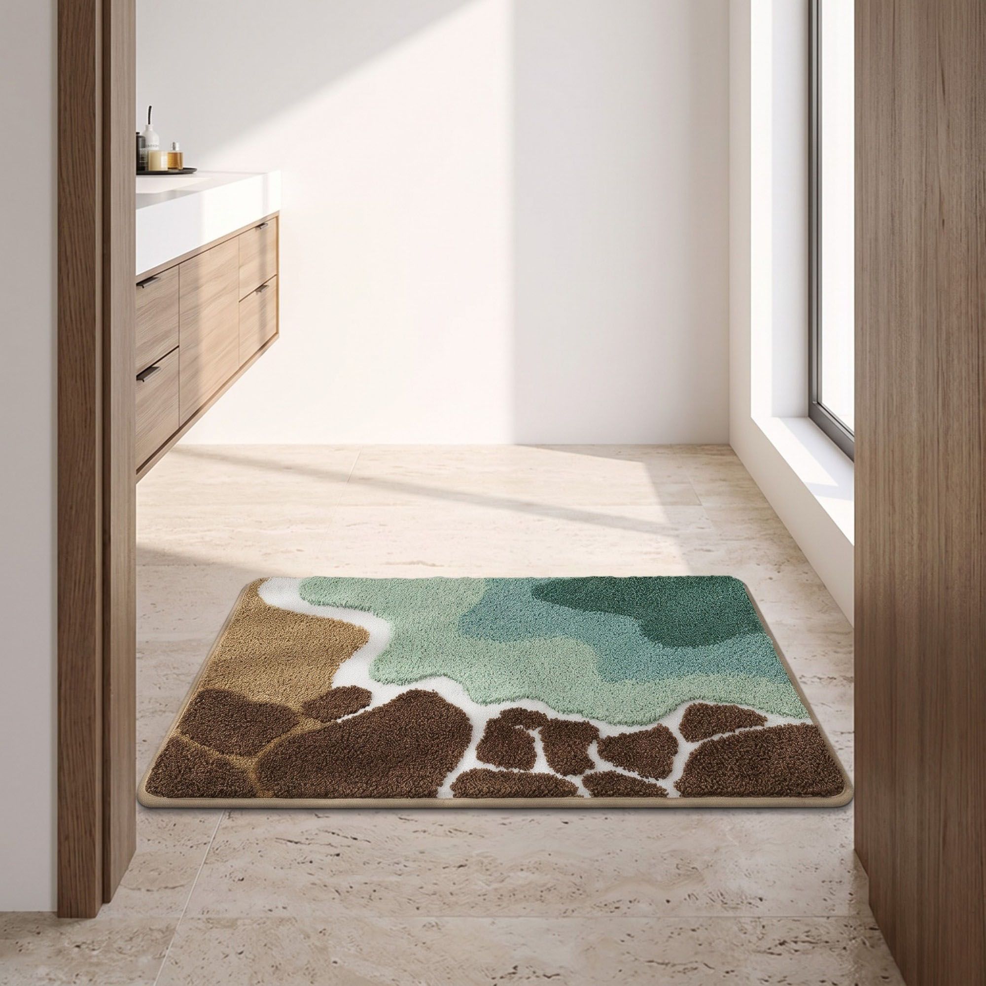 Coastal Ocean Wave Plush Bathroom Mat with Life Preserver and Seashell Design