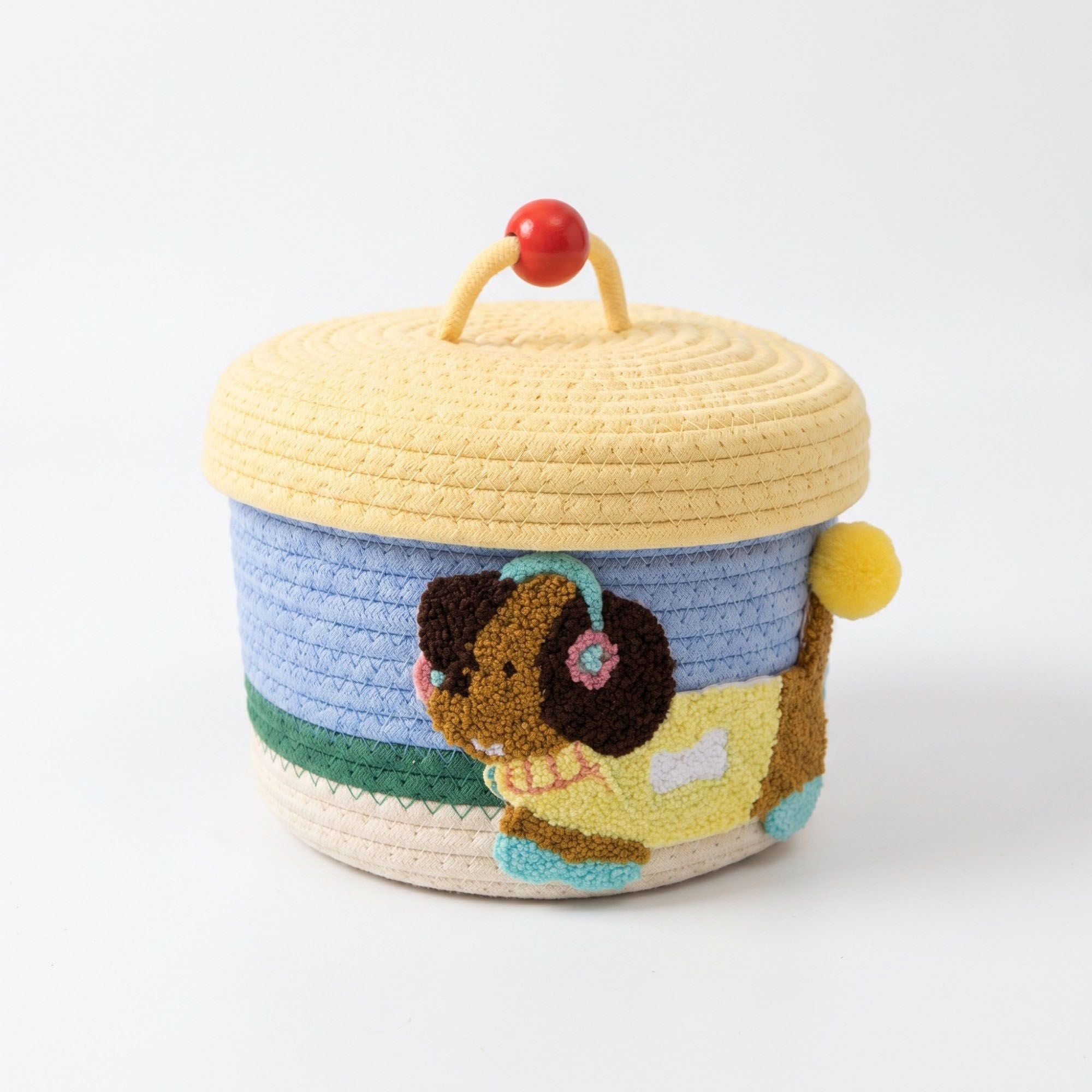 Animal Applique Woven Rope Storage Basket Lid Decorative Organizer Bin