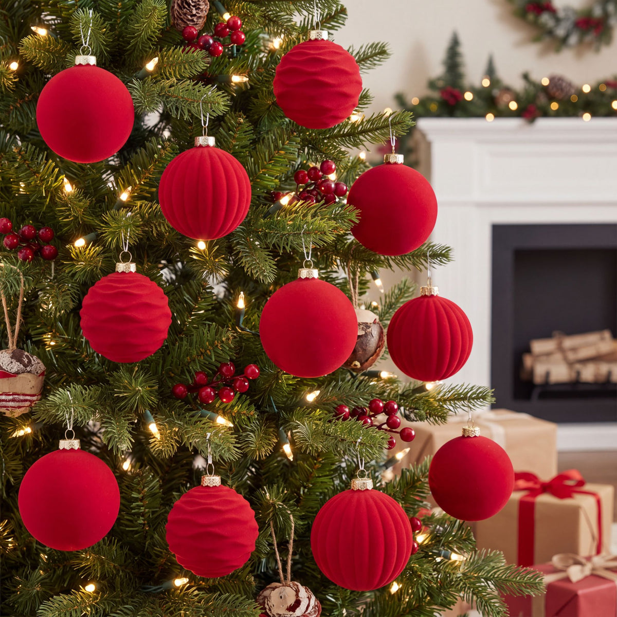 12ct Flocked Christmas Ball Ornament Set 3.15 Inch Holiday Tree Decorations