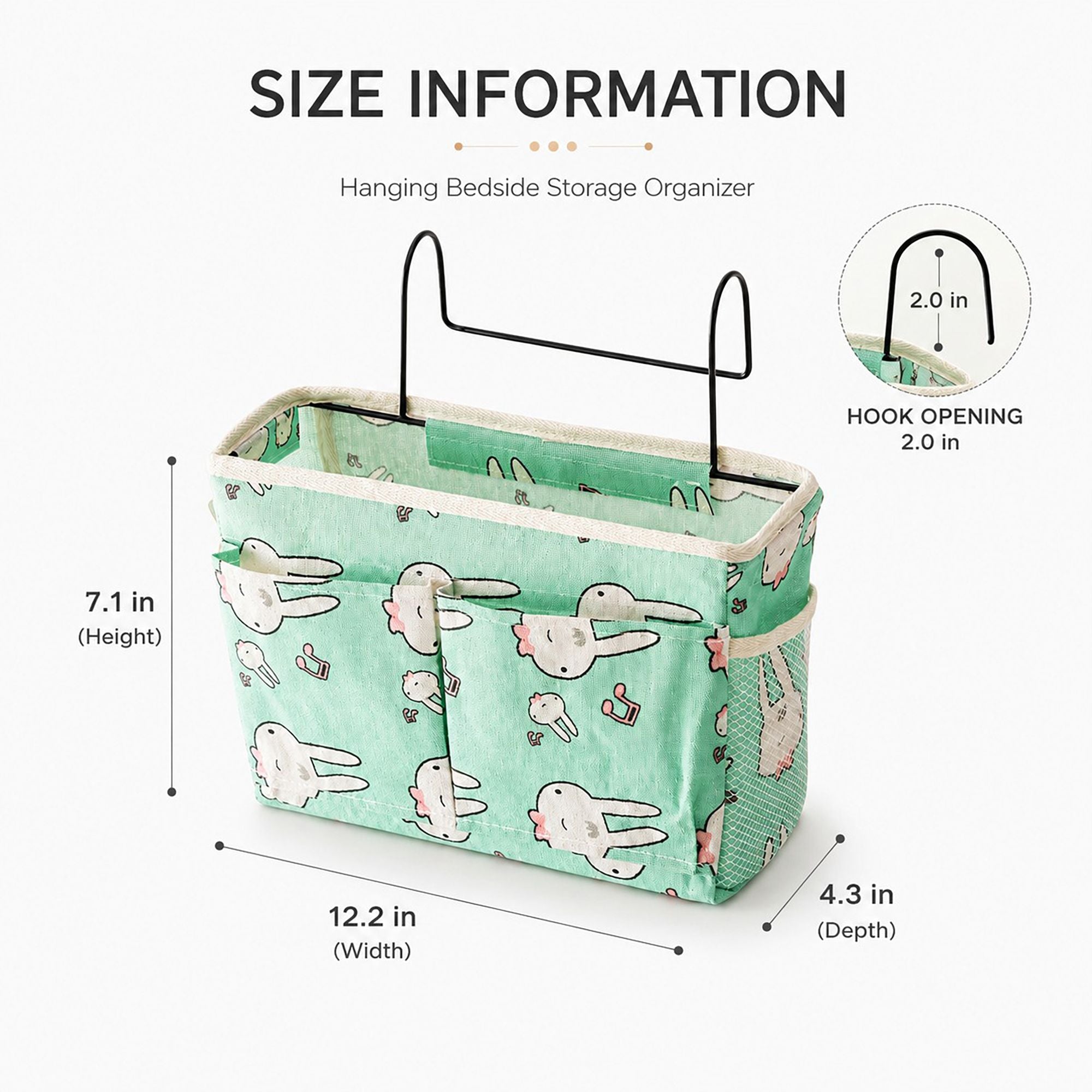 Hanging Bedside Storage Caddy Bunny Print Organizer with Hooks and Multiple Pockets