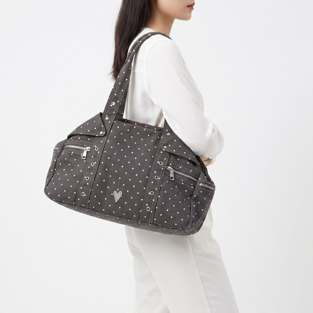 Polka Dot Multi-Pocket Shoulder Bag with Zip Closure