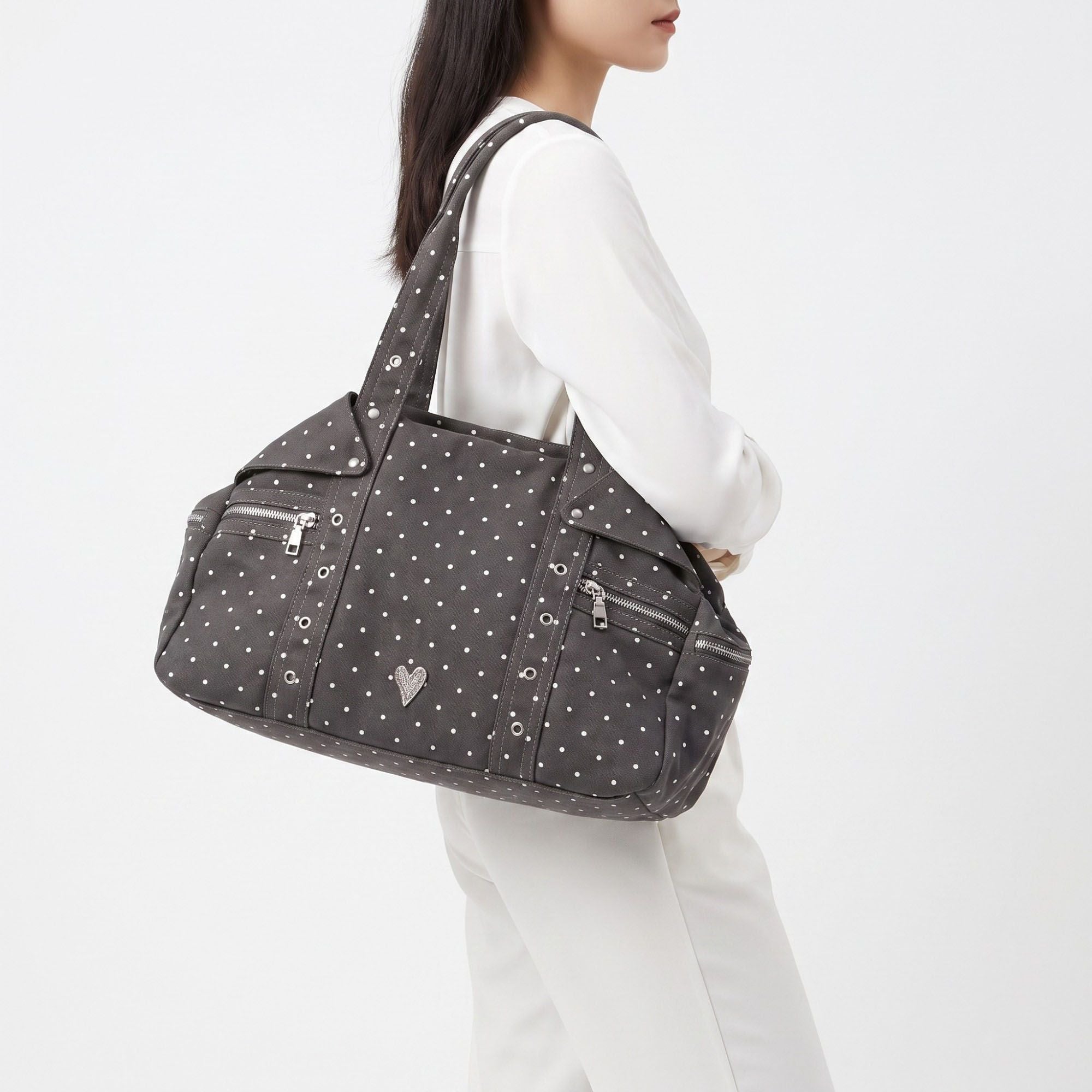 Polka Dot Multi-Pocket Shoulder Bag with Zip Closure