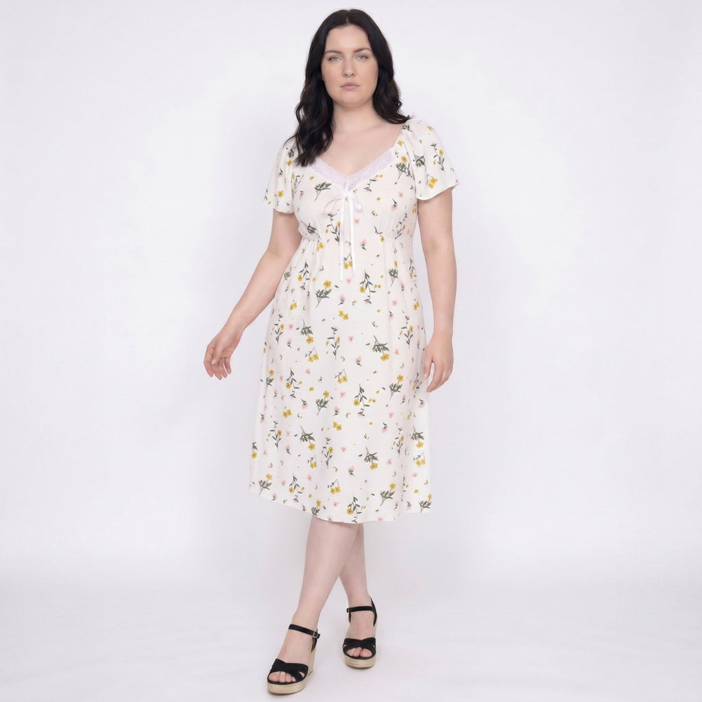 Floral Midi Nightgown Short Sleeve Lace Trim V-Neck Tie Front Sleep Dress