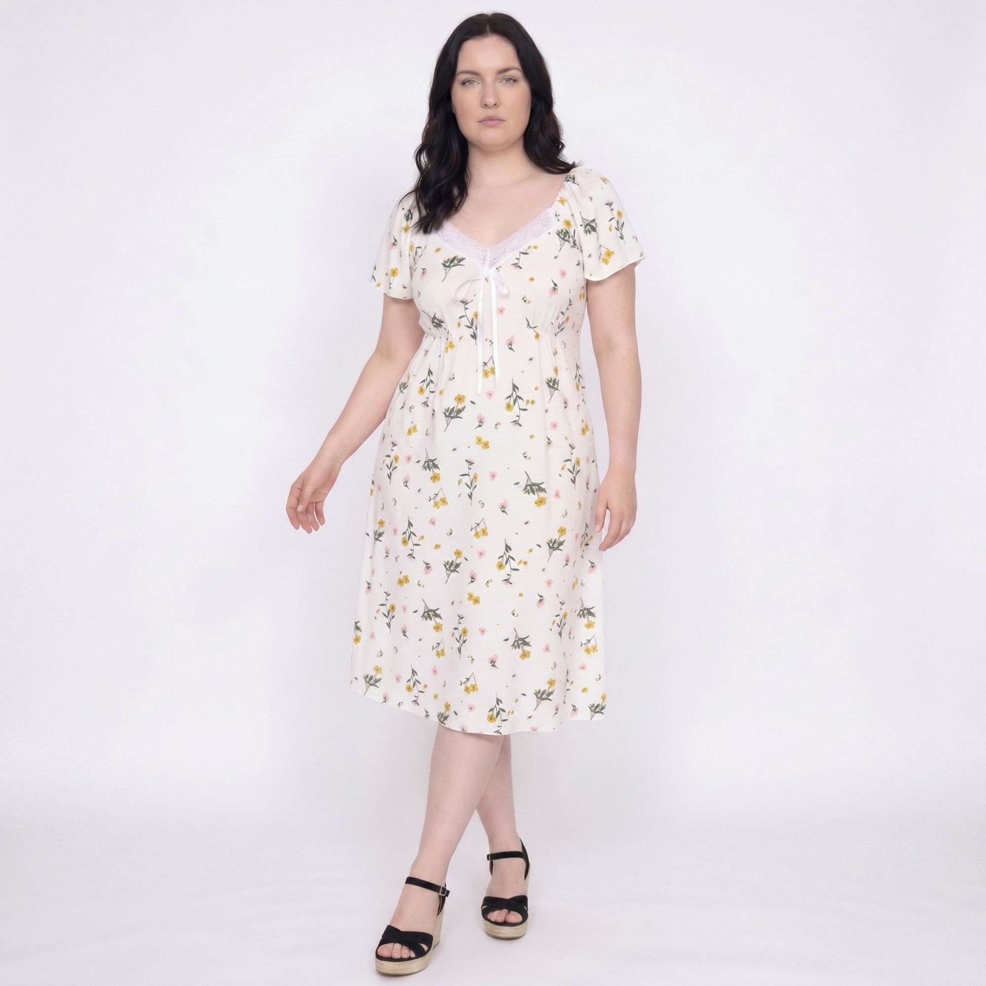 Floral Midi Nightgown Short Sleeve Lace Trim V-Neck Tie Front Sleep Dress