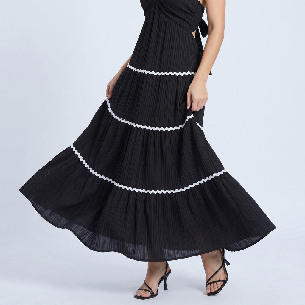 Anna-Kaci Women's Halter Neck Tiered Maxi Dress with Contrast Trim