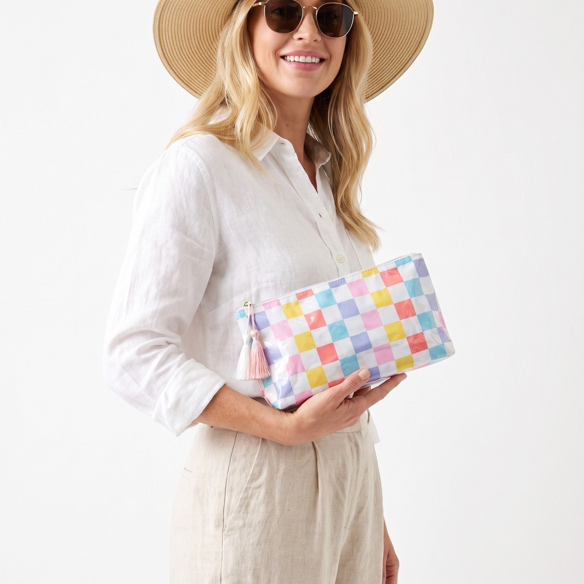 Rainbow Check PVC Cosmetic Pouch Makeup Bag with Zip Closure