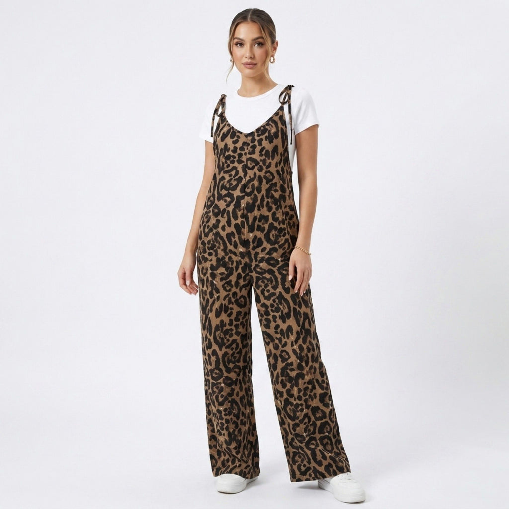 Anna-Kaci Women's Maternity Leopard Print Wide Leg Jumpsuit with Tie Shoulder Straps and Layered Tee Look