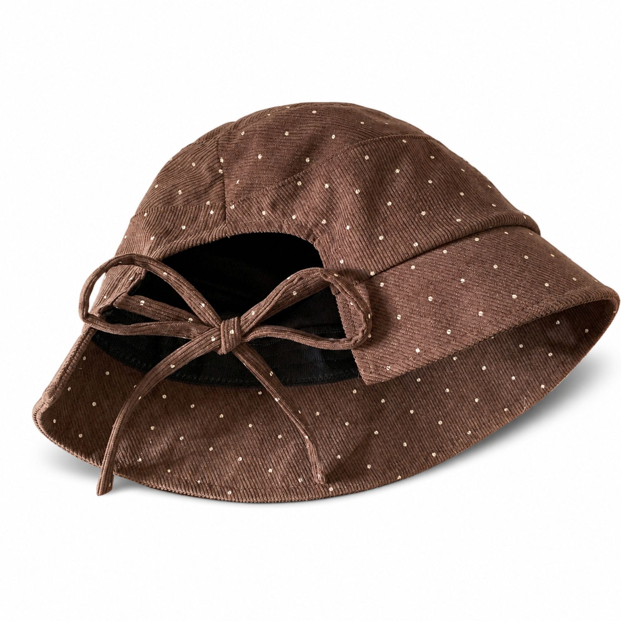 Polka Dot Corduroy Bucket Hat Wide Brim Tie Back Sun Hat