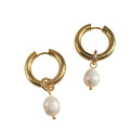 Hoop Earrings with Faux Pearl Drop Charm and Polished Finish
