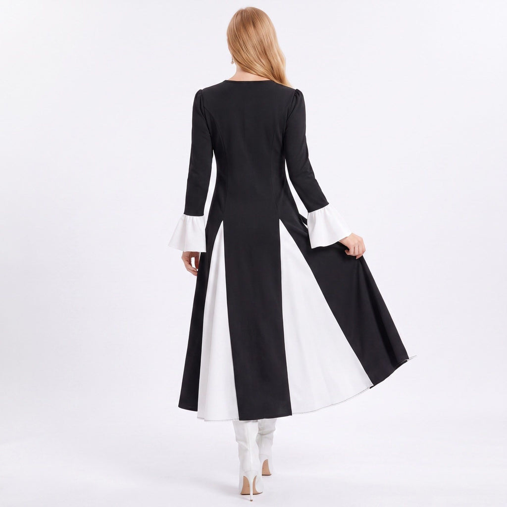 Color Block Belted Long Sleeve Fit and Flare Midi Dress