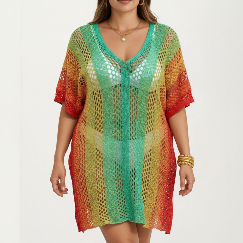 Anna-Kaci Women's Ombre Crochet Swim Cover Up Dress with Open Knit Mesh Design V Neck Short Sleeves Relaxed Fit