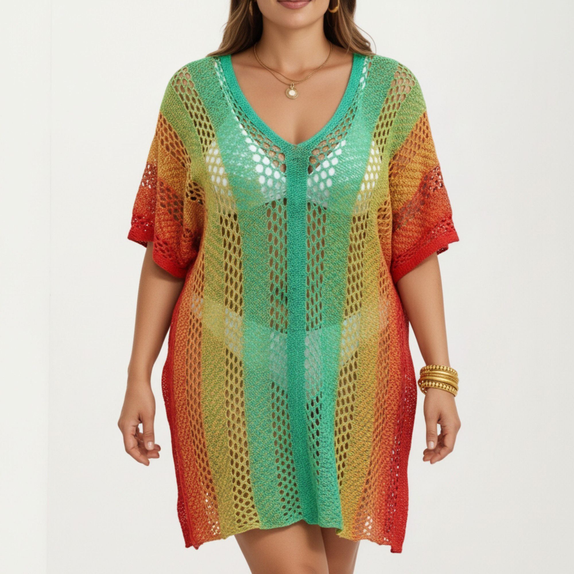 Anna-Kaci Women's Ombre Crochet Swim Cover Up Dress with Open Knit Mesh Design V Neck Short Sleeves Relaxed Fit
