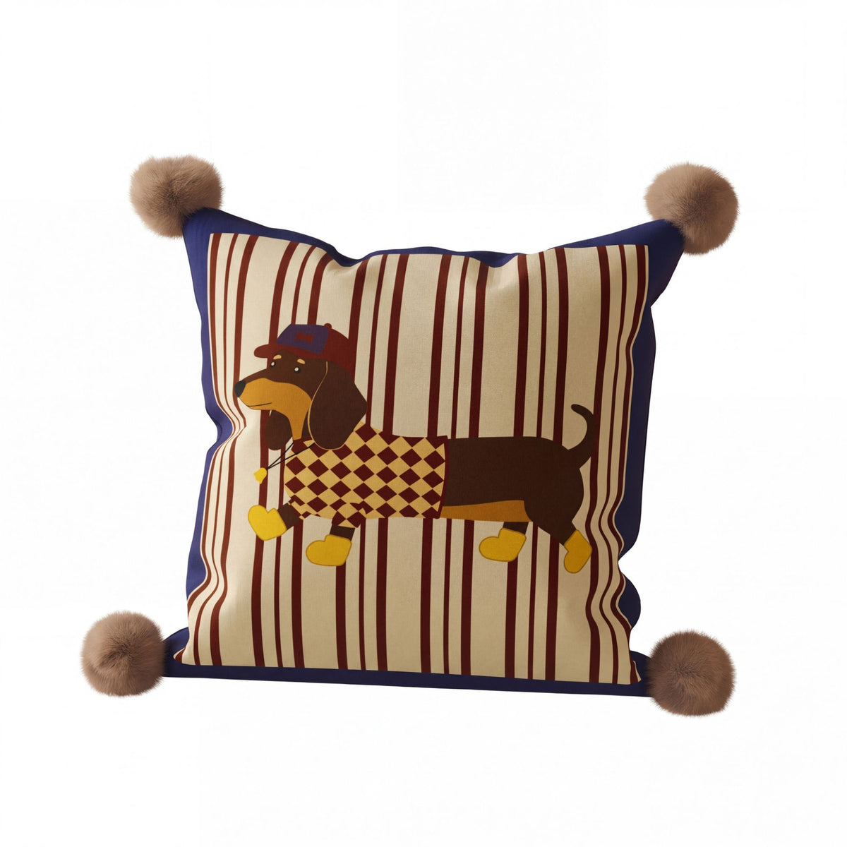 Dachshund Dog Print Decorative Throw Pillow Cover with Pom Pom Corners and Hidden Zipper
