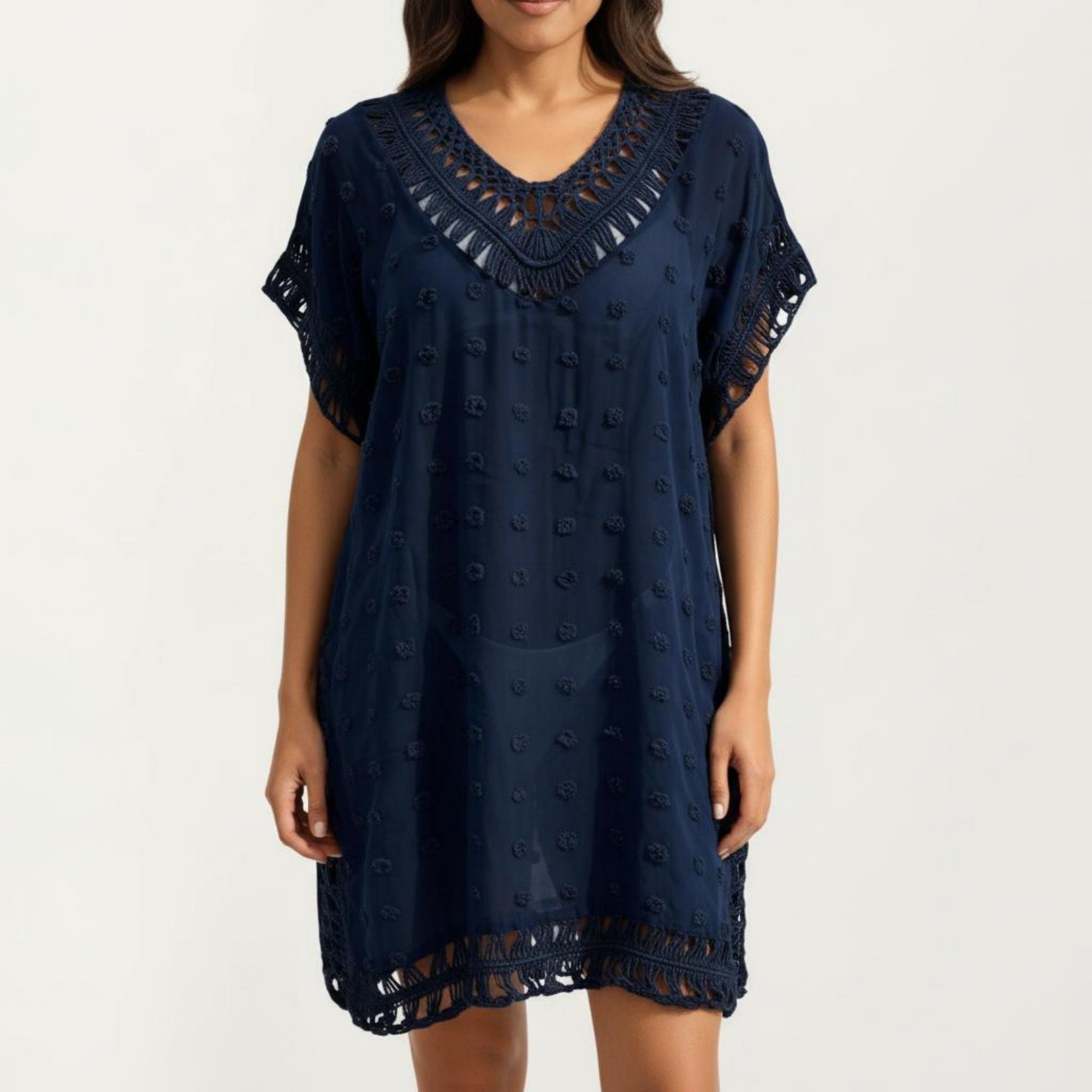 Anna-Kaci Women's Sheer Crochet Trim Cover Up Dress with Tassel Detail Relaxed Fit and Short Sleeves