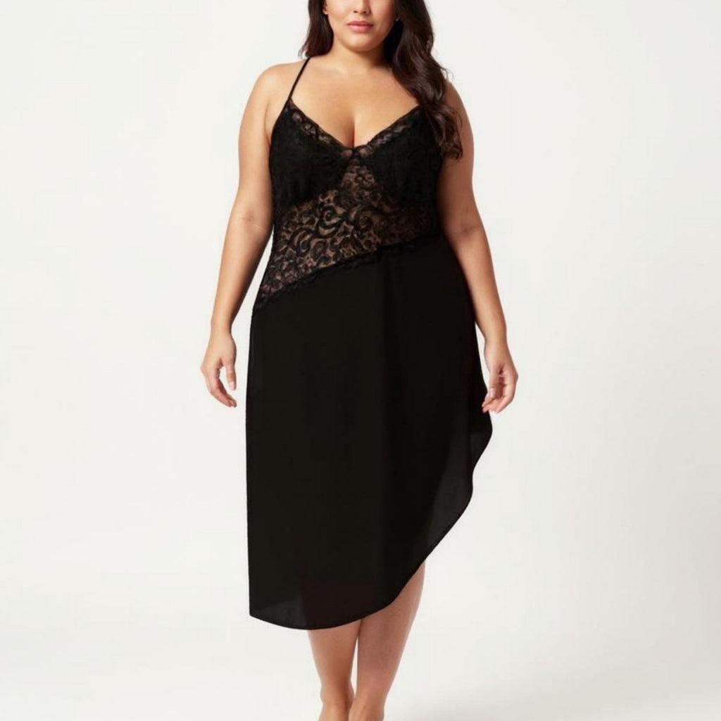 Anna-Kaci Lounge Women's Plus Size Lace Panel Slip Nightgown with Adjustable Spaghetti Straps V Neck Asymmetrical Hem Sleepwear
