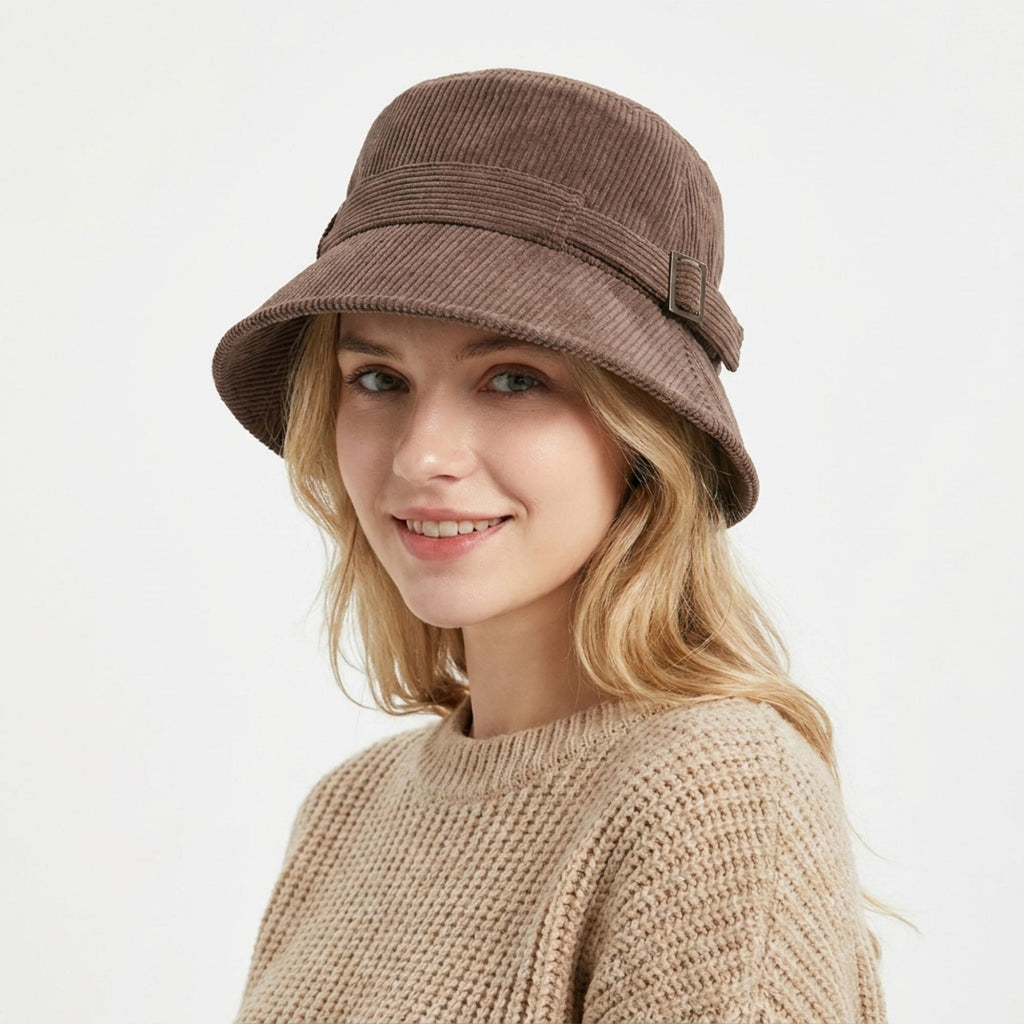 Corduroy Bucket Hat Buckle Band Detail Casual Brim Hat