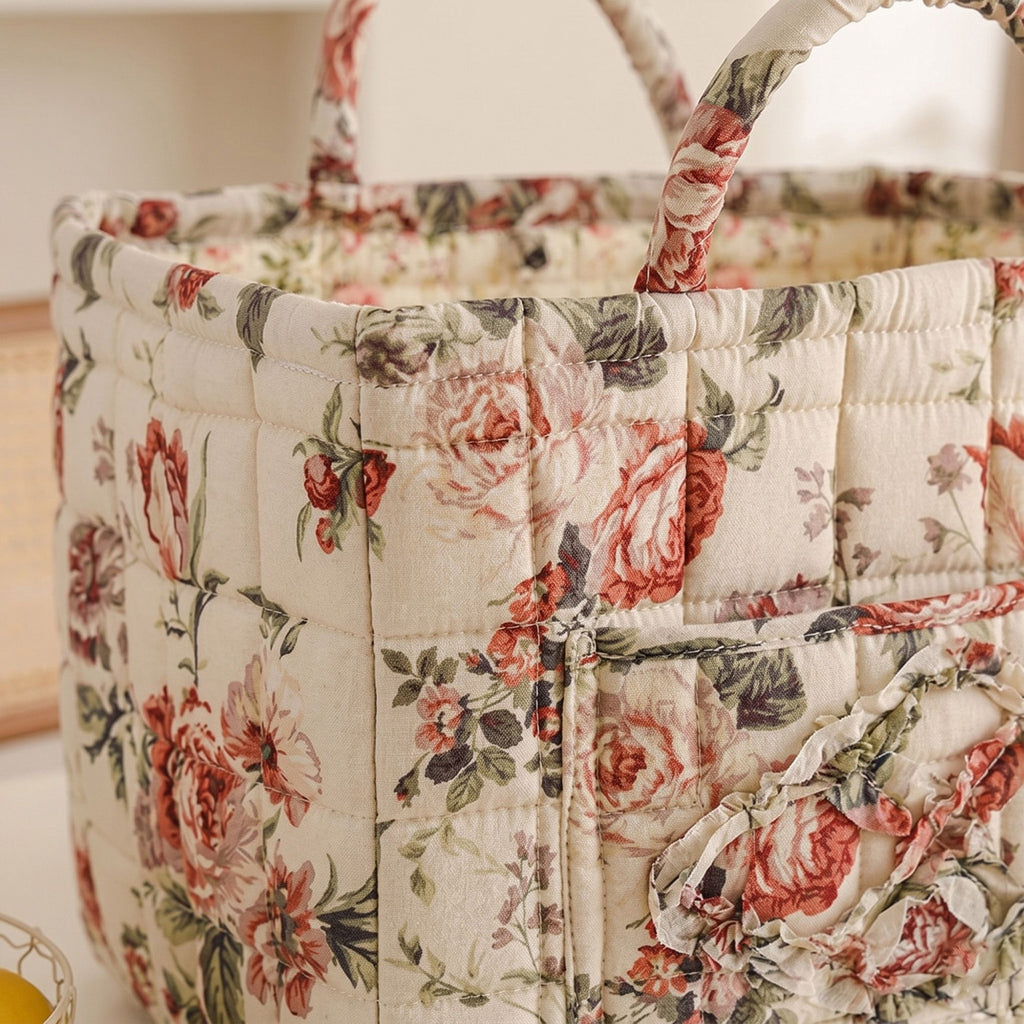 Fabric Storage Basket Quilted Cotton Organizer Bin with Floral Print Decorative Storage