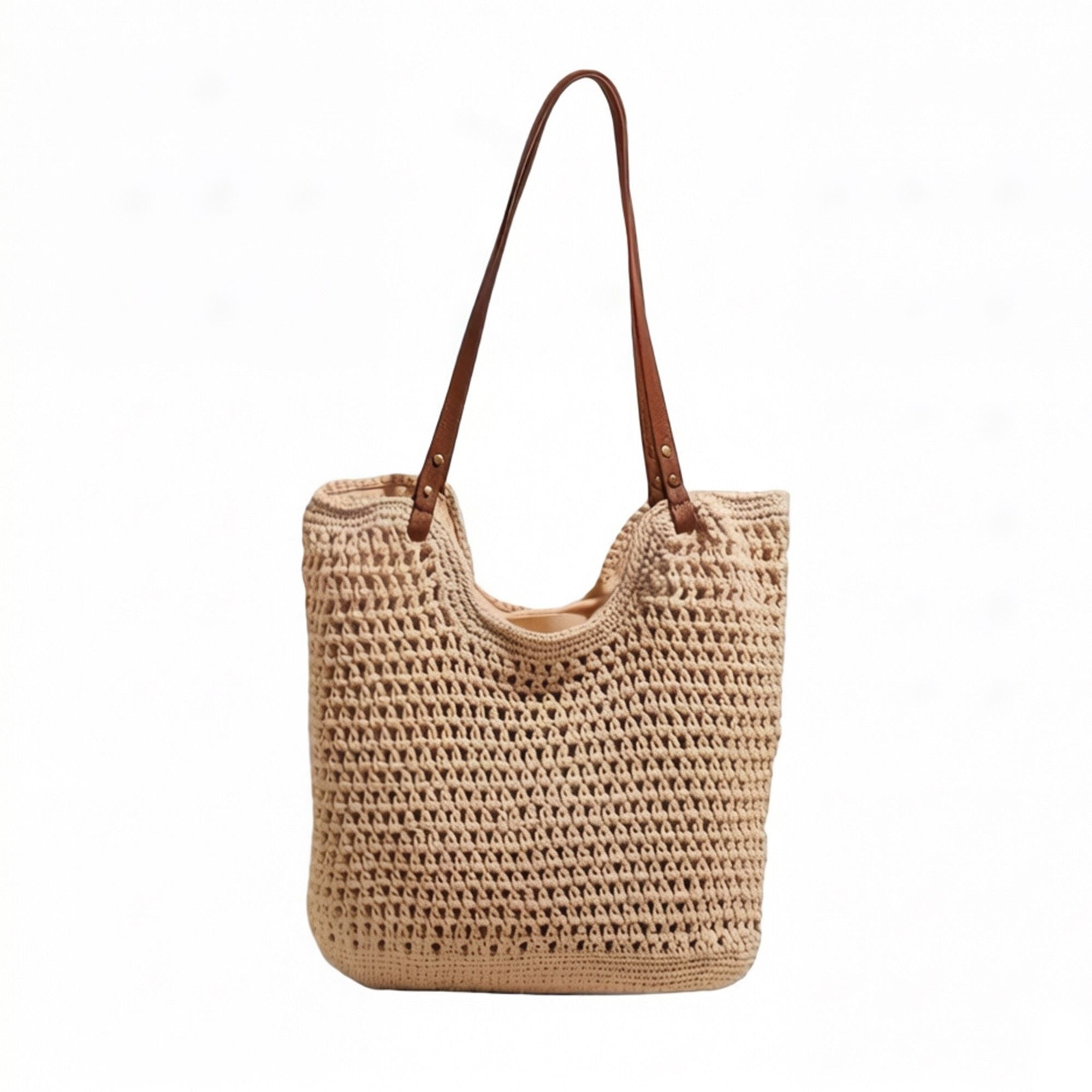 Woven Crochet Tote Bag with Double Strap Lightweight Knit Shoulder Bag Large Capacity Handbag