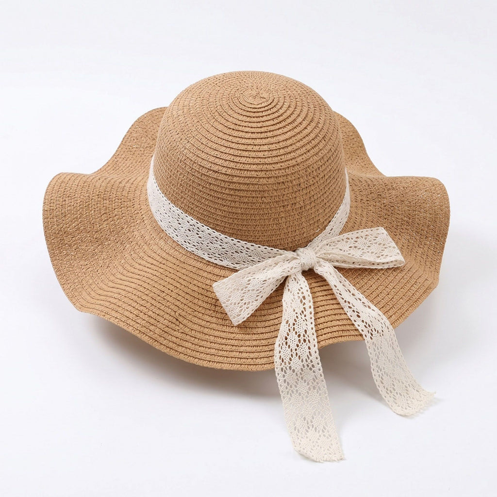Women's Wide Brim Straw Sun Hat Lace Ribbon Tie Lightweight Summer Beach Hat