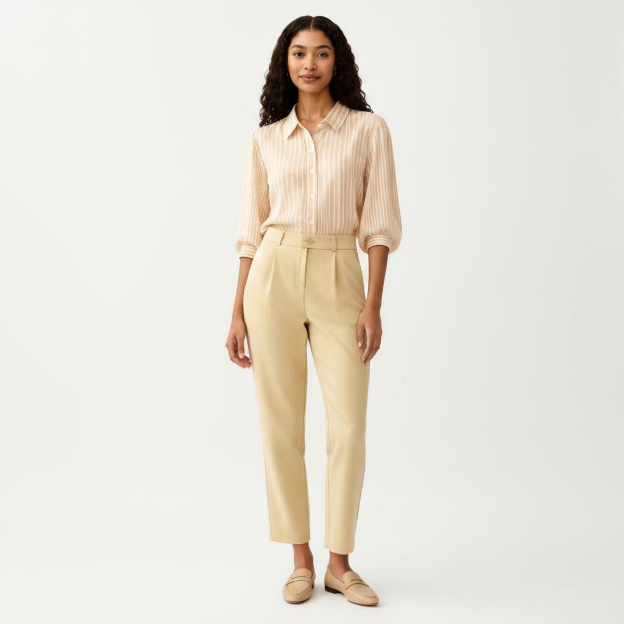 Anna-Kaci Women's Striped Button Down Blouse with Collared Neckline and Puff Sleeves