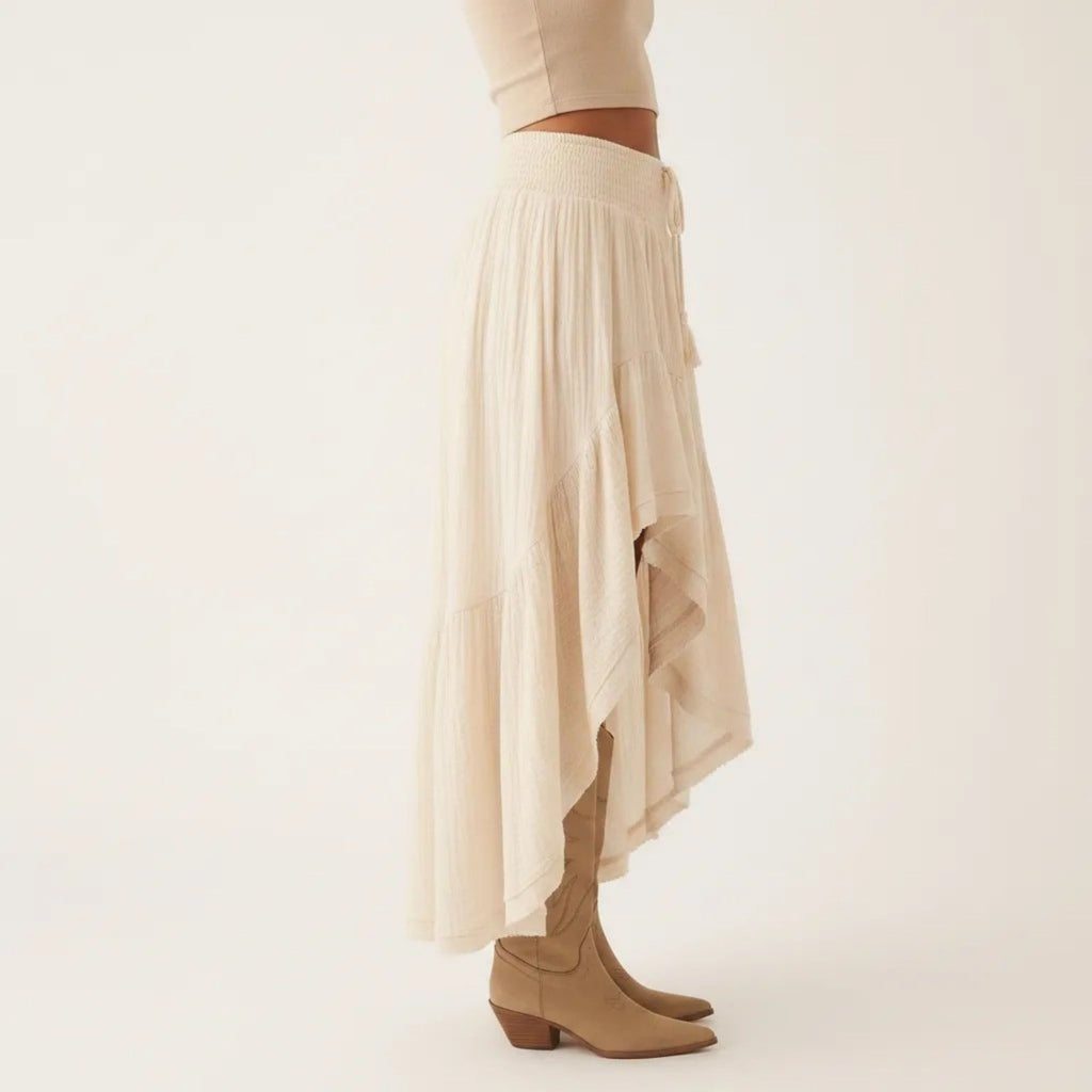 Anna-Kaci Women's High Low Maxi Skirt Smocked Waist Tassel Tie Flowy Tiered Boho Casual Skirt