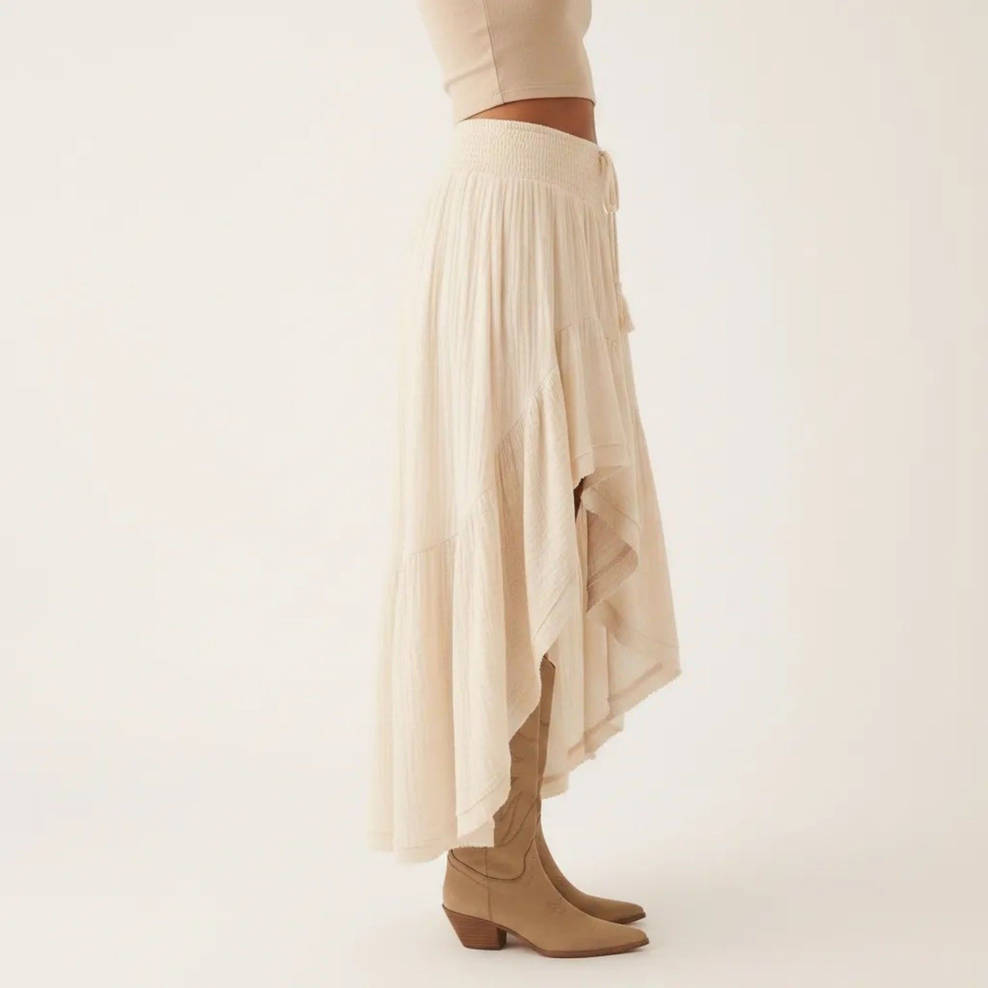 Anna-Kaci Women's High Low Maxi Skirt Smocked Waist Tassel Tie Flowy Tiered Boho Casual Skirt