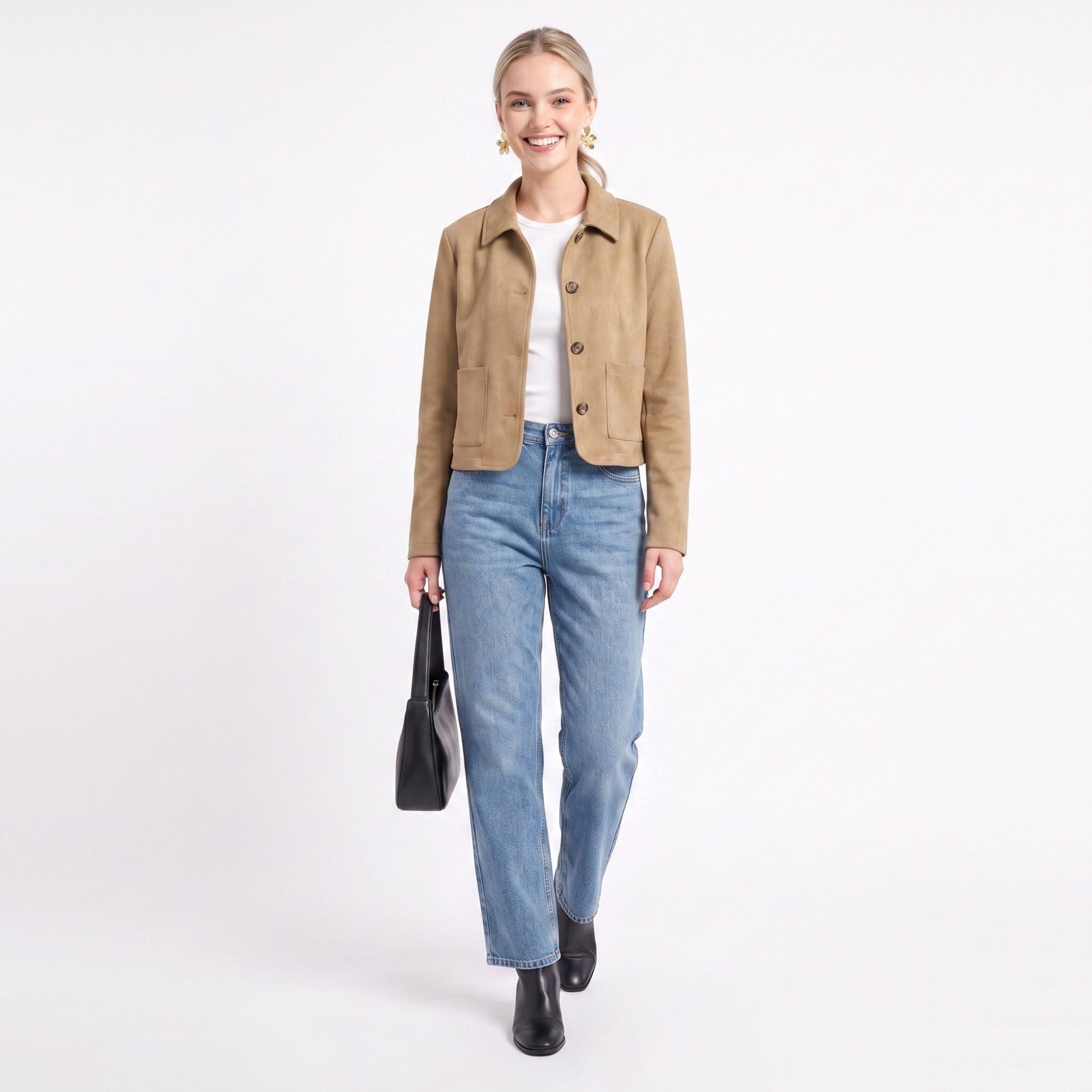 Cropped Button Front Jacket Collared Long Sleeve Patch Pocket Casual Coat