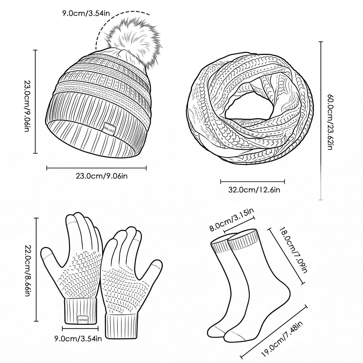 4 Piece Knit Winter Hat Scarf Touchscreen Gloves and Socks Set