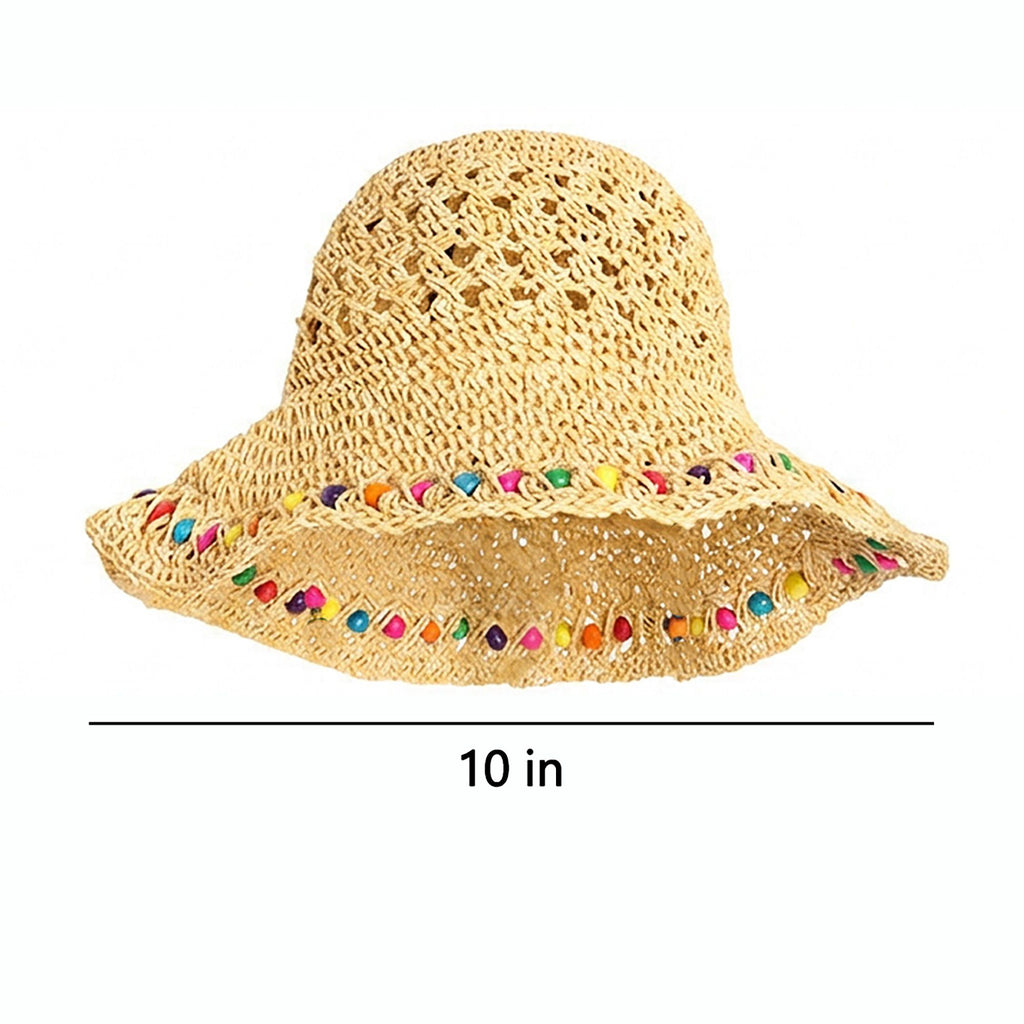 Crochet Bucket Sun Hat with Beaded Chin Strap and Open Weave Brim