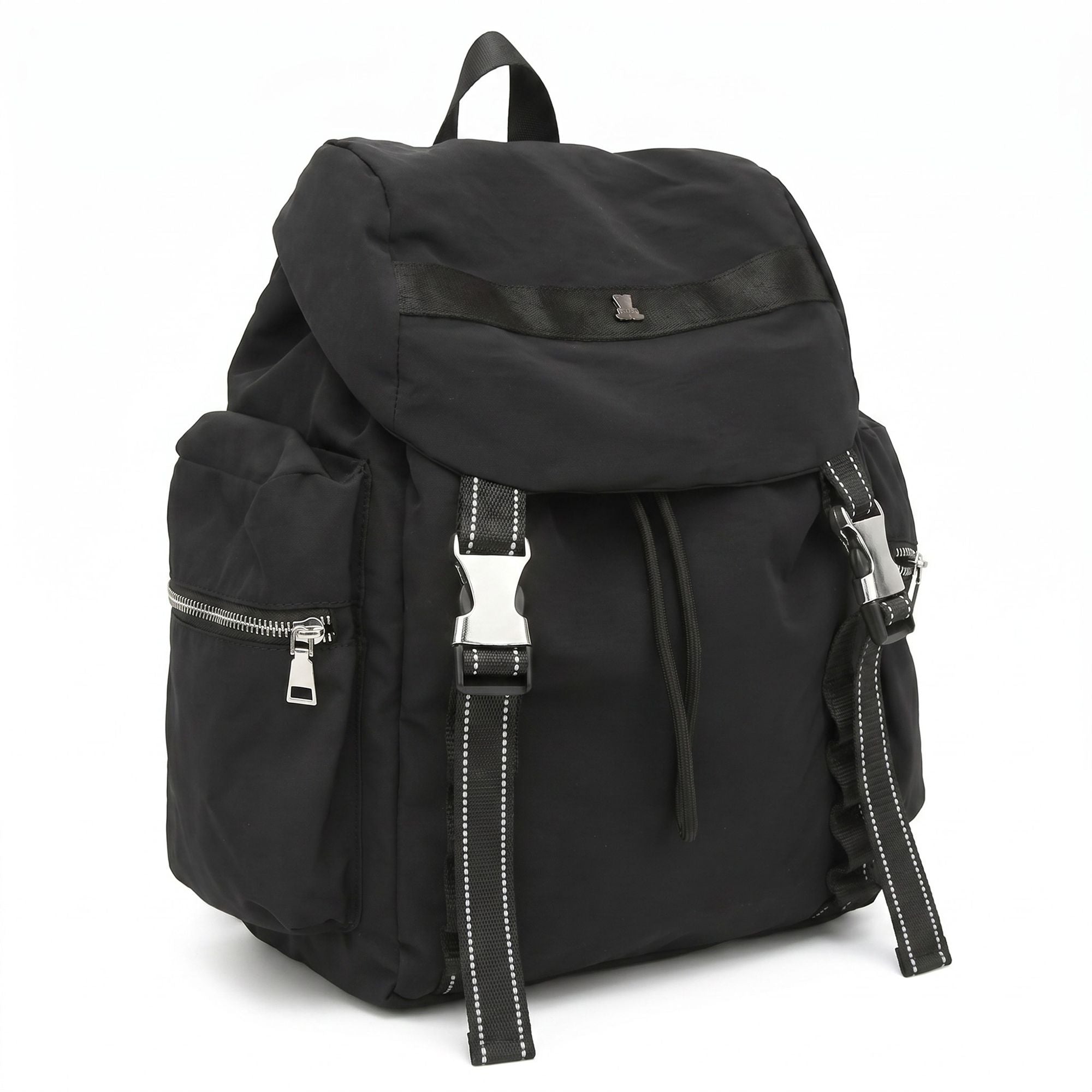 Flap Drawstring Backpack with Dual Buckle Straps and Zippered Side Pockets
