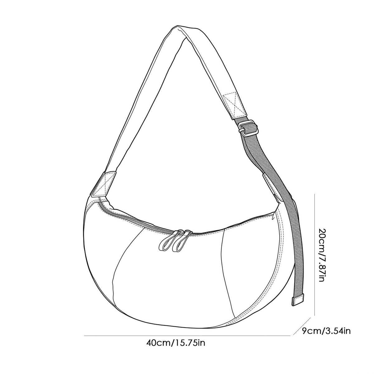 Nylon Crescent Shoulder Bag with Adjustable Strap and Double Zip Closure