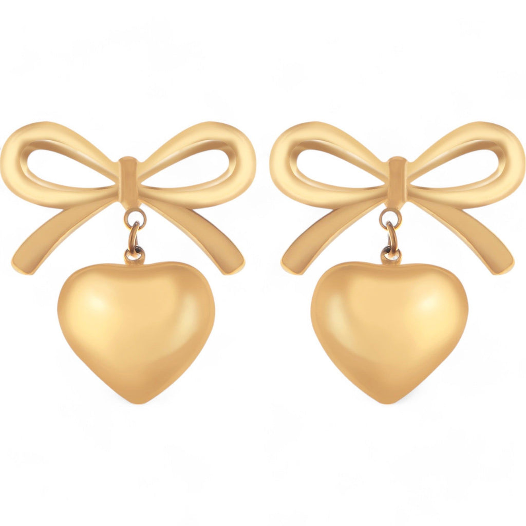 Women's Bow Dangle Heart Drop Fashion Earrings Gold Tone Playful Love Design