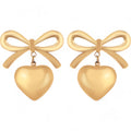 Women's Bow Dangle Heart Drop Fashion Earrings Gold Tone Playful Love Design