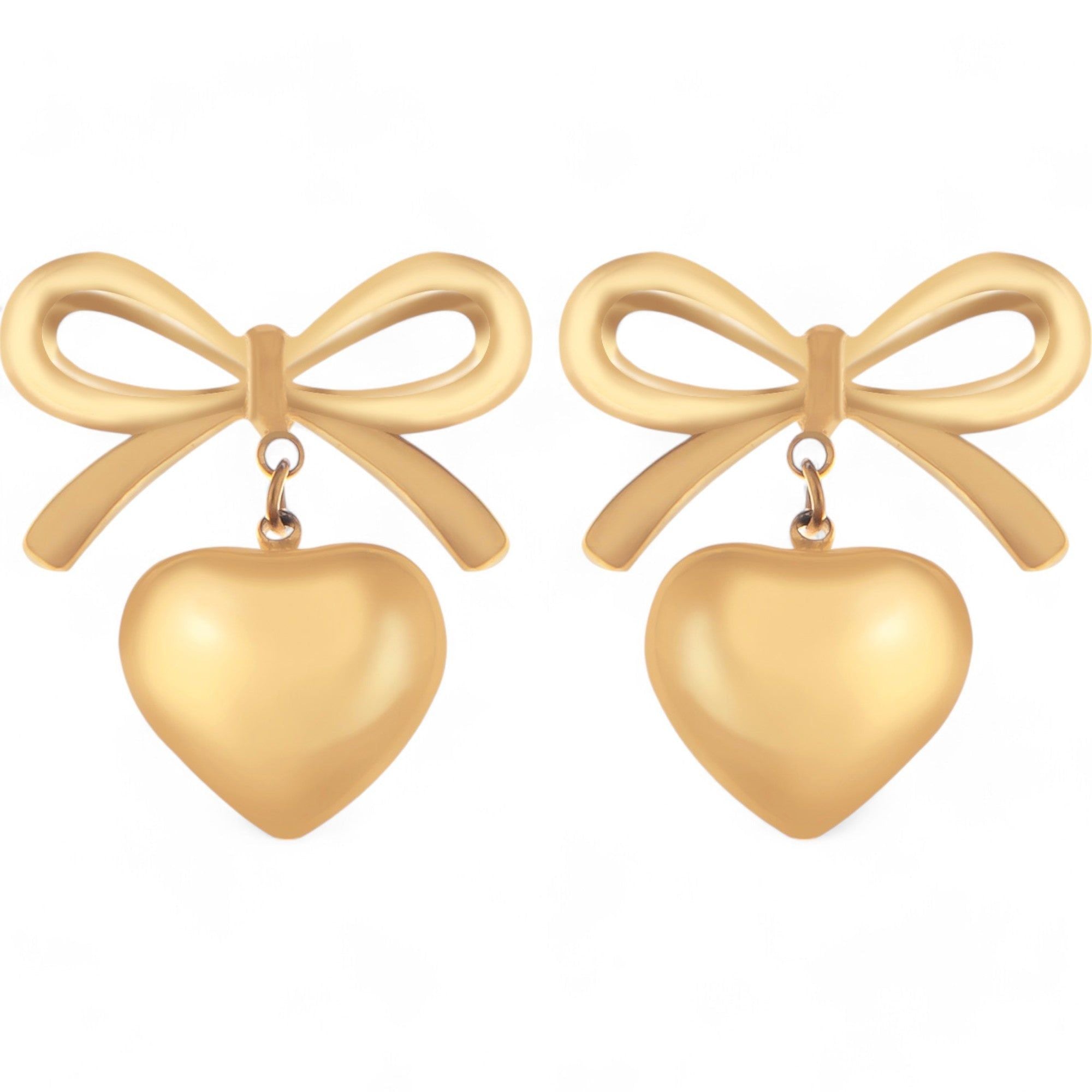 Women's Bow Dangle Heart Drop Fashion Earrings Gold Tone Playful Love Design