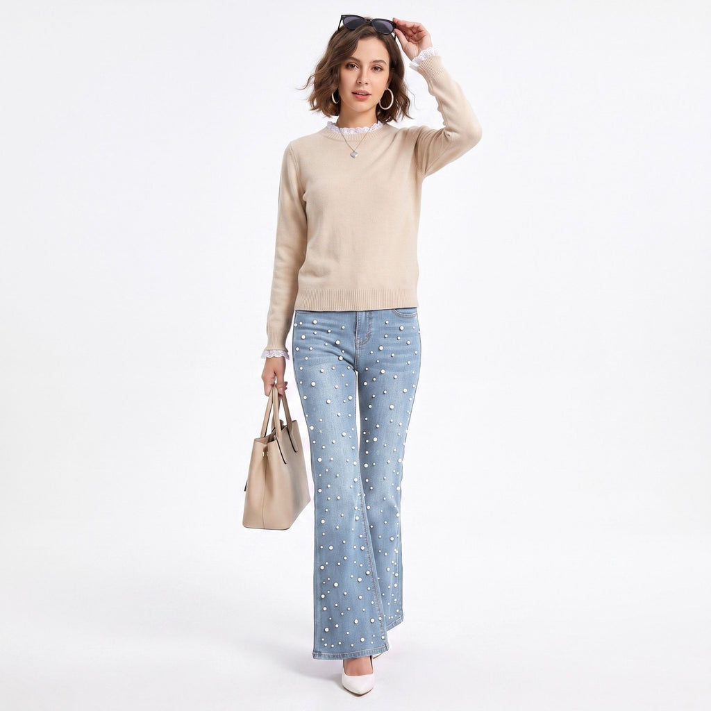 Lace Trim Crew Neck Sweater Long Sleeve Ribbed Hem Classic Knit Pullover