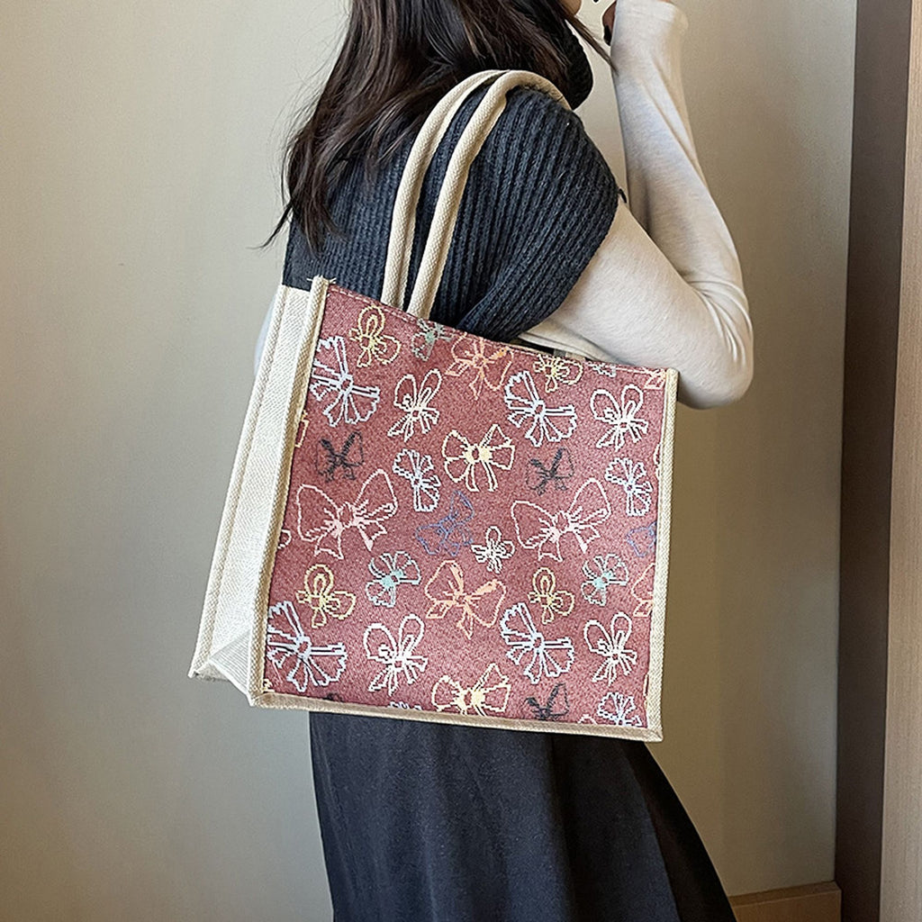 Anna-Kaci Women's Canvas Tote Bag with Colorful Bow Print - Lightweight Shopping Handbag