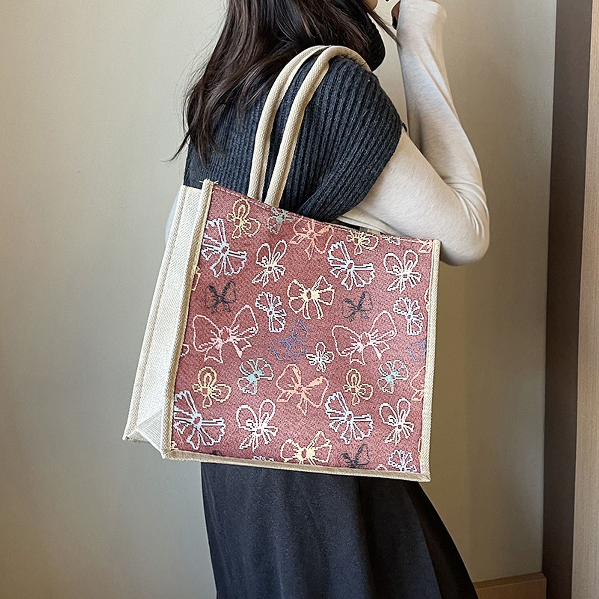 Anna-Kaci Women's Canvas Tote Bag with Colorful Bow Print - Lightweight Shopping Handbag