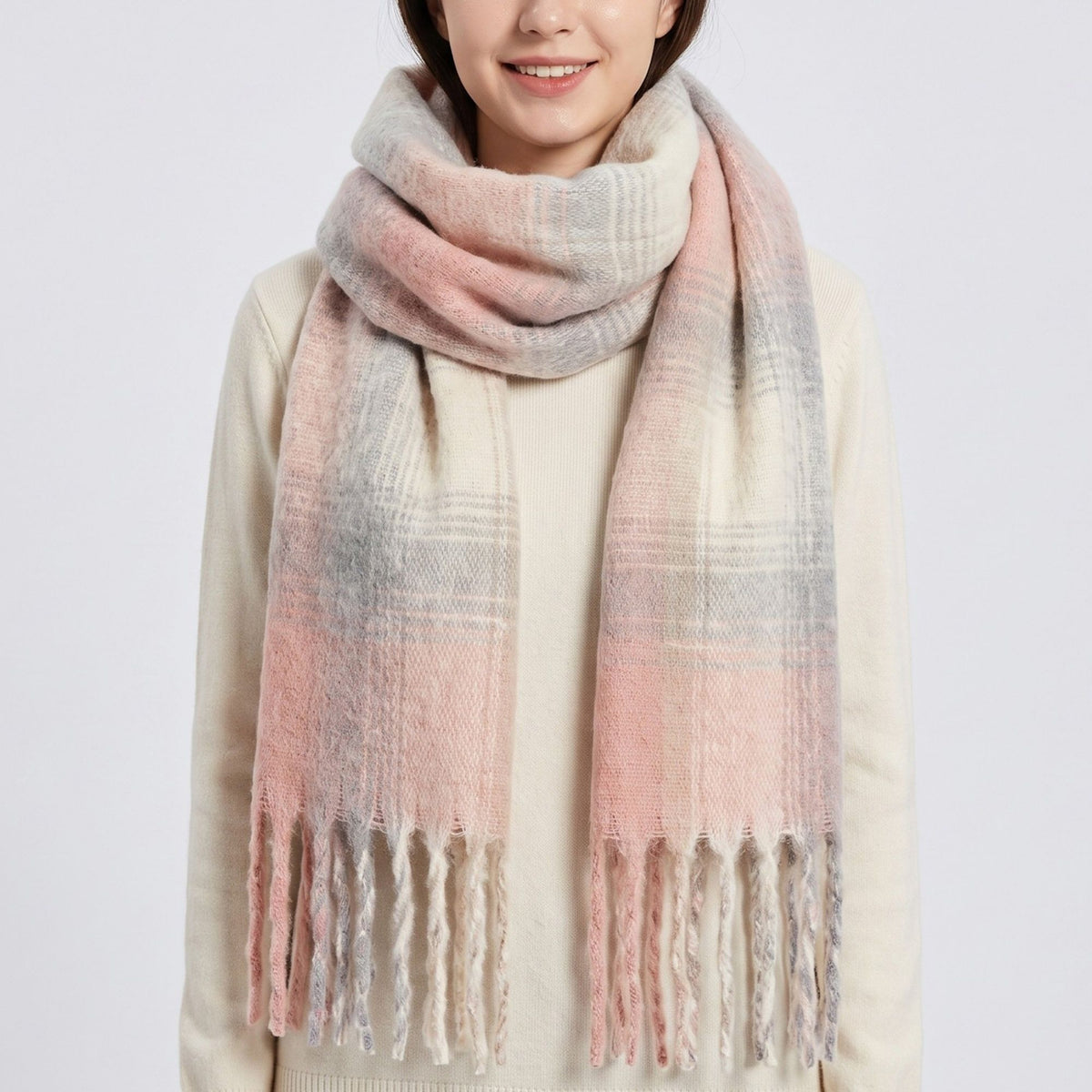 Oversized Plaid Scarf with Fringe Soft Brushed Winter Wrap